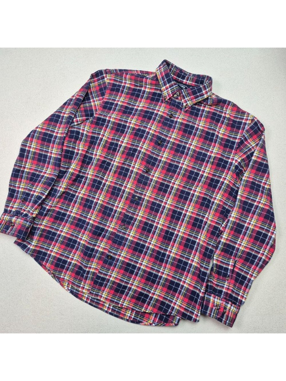 Land's End Men's Long Sleeve Button Up Flannel Shirt Blue/Red/Yellow Shirt Sz XL